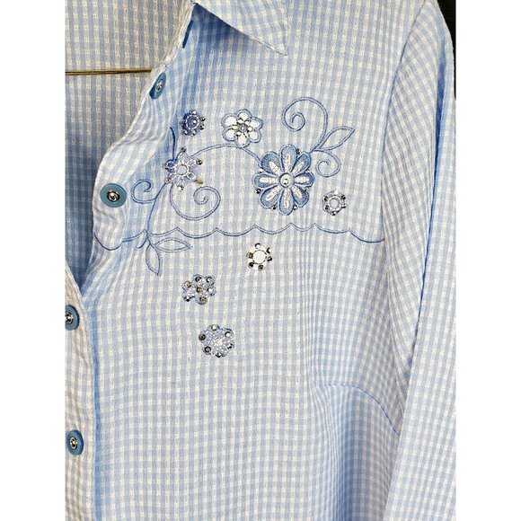 Allison Daley Blue Gingham Button-Up Shirt With Floral Embroidery 3/4 Sleeves - Picture 4 of 9